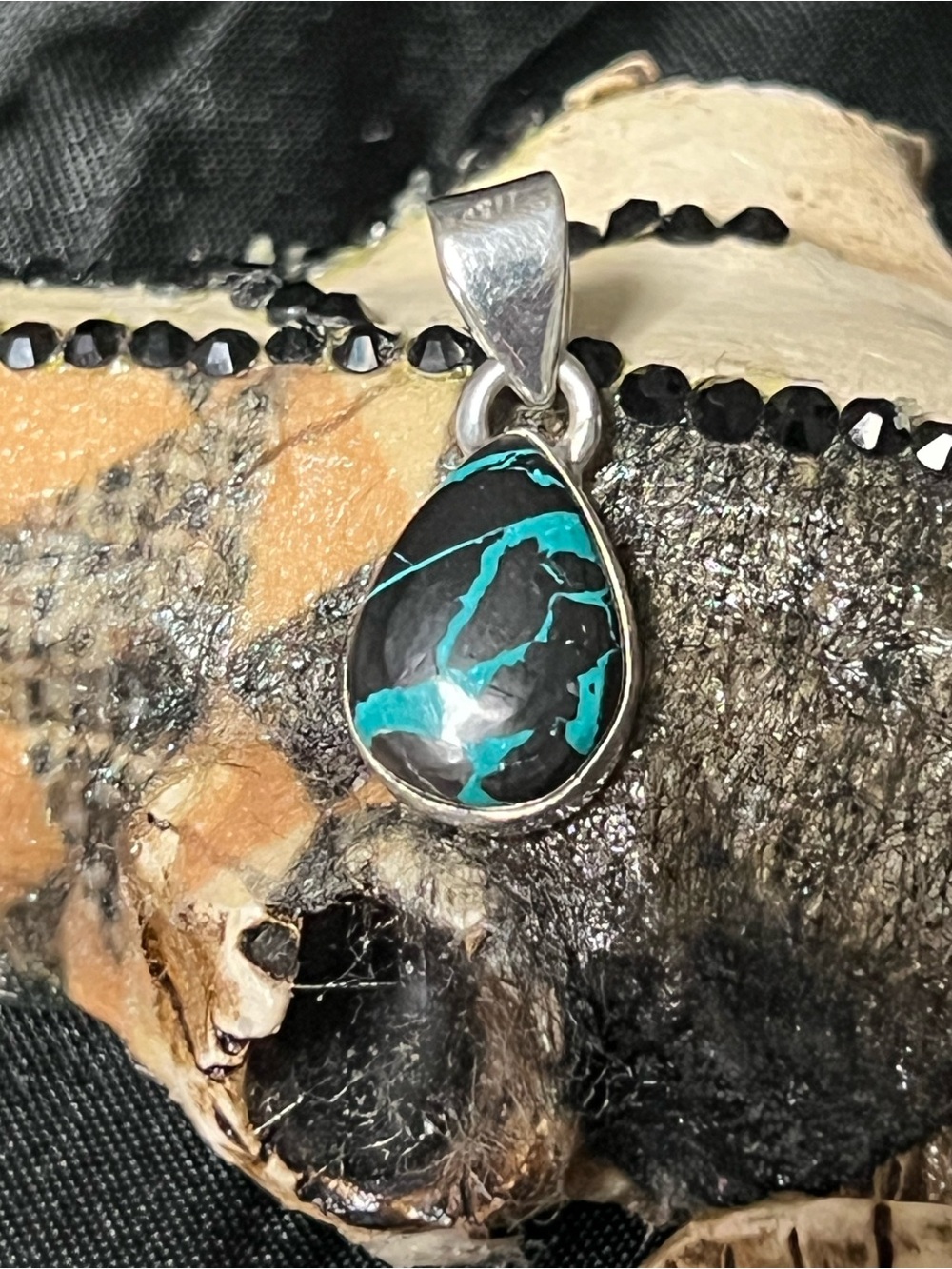 Sterling silver teardrop black jack pendant